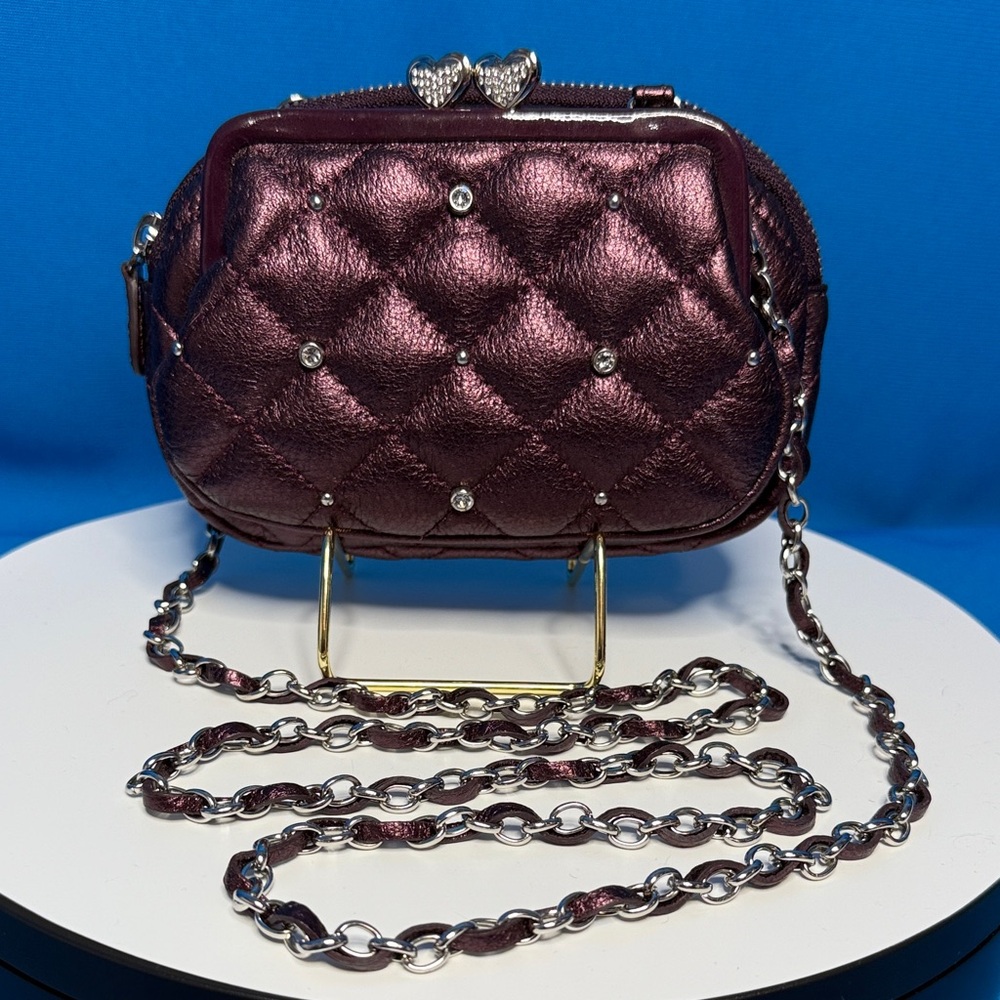 BRIGHTON QUILTED LOGANBERRY CROSSBODY WITH HEARTS KISSLOCK & RHINESTONE SPARKLES